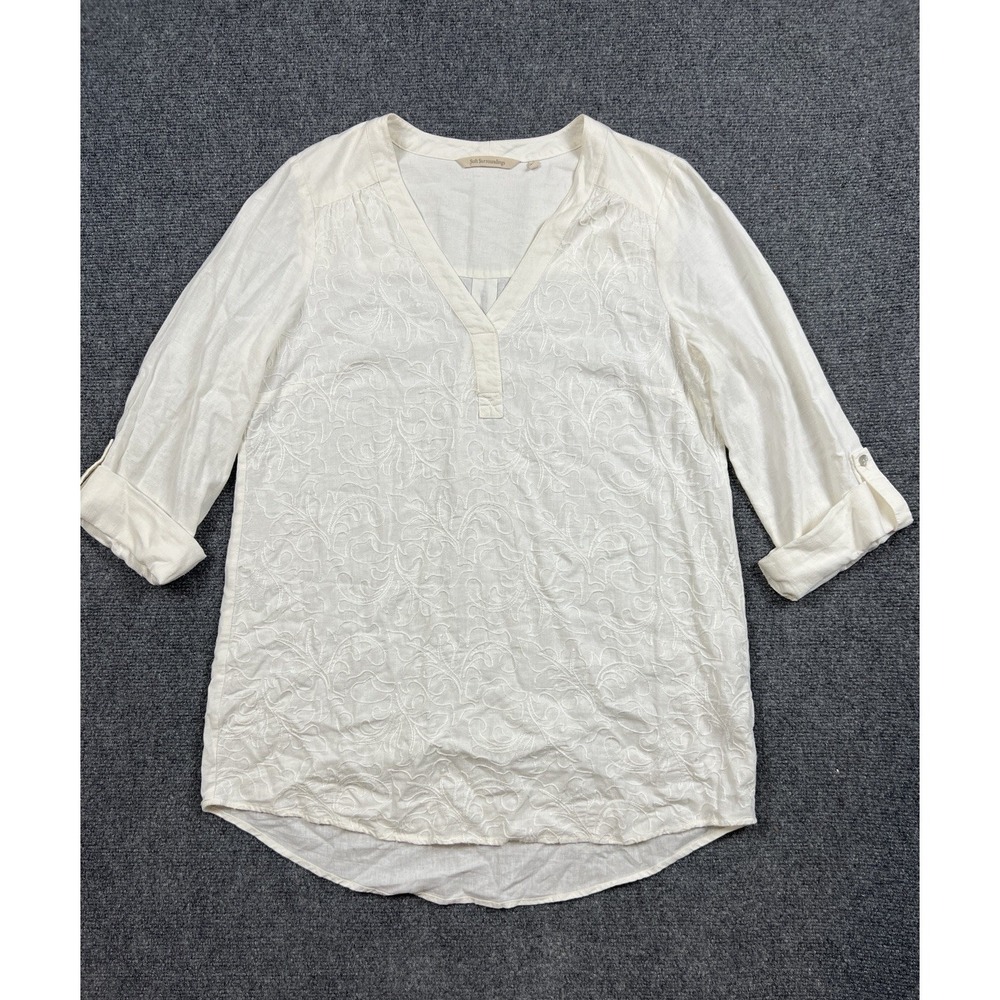 Soft Surroundings Linen Blend Embroidered Top S Ivory Boho Coastal Roll Sleeve